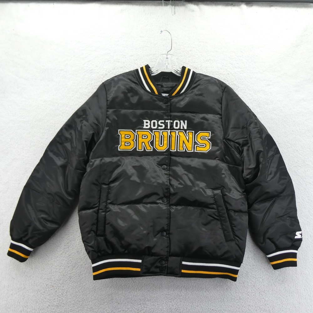 Starter Jacket Womens Medium Boston Bruins Black Puffer Satin Vintage Deadstock‎